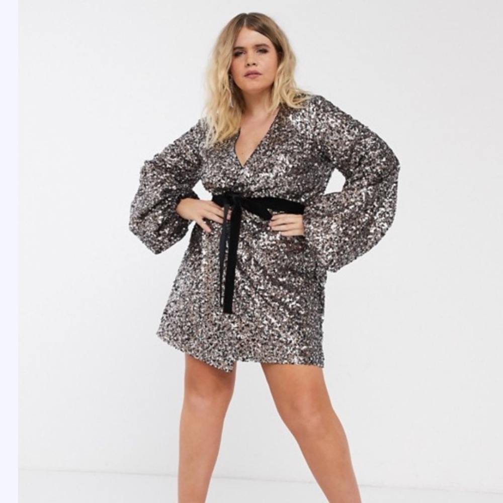 ASOS Curve mini dress blouson sleeve and tie waist